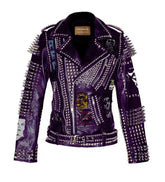 Purple Gothic Punk Jacket – Women’s Studded Leather with Lemmy, Vampira And Misfits Patches, Custom Heavy Metal Moto Fit